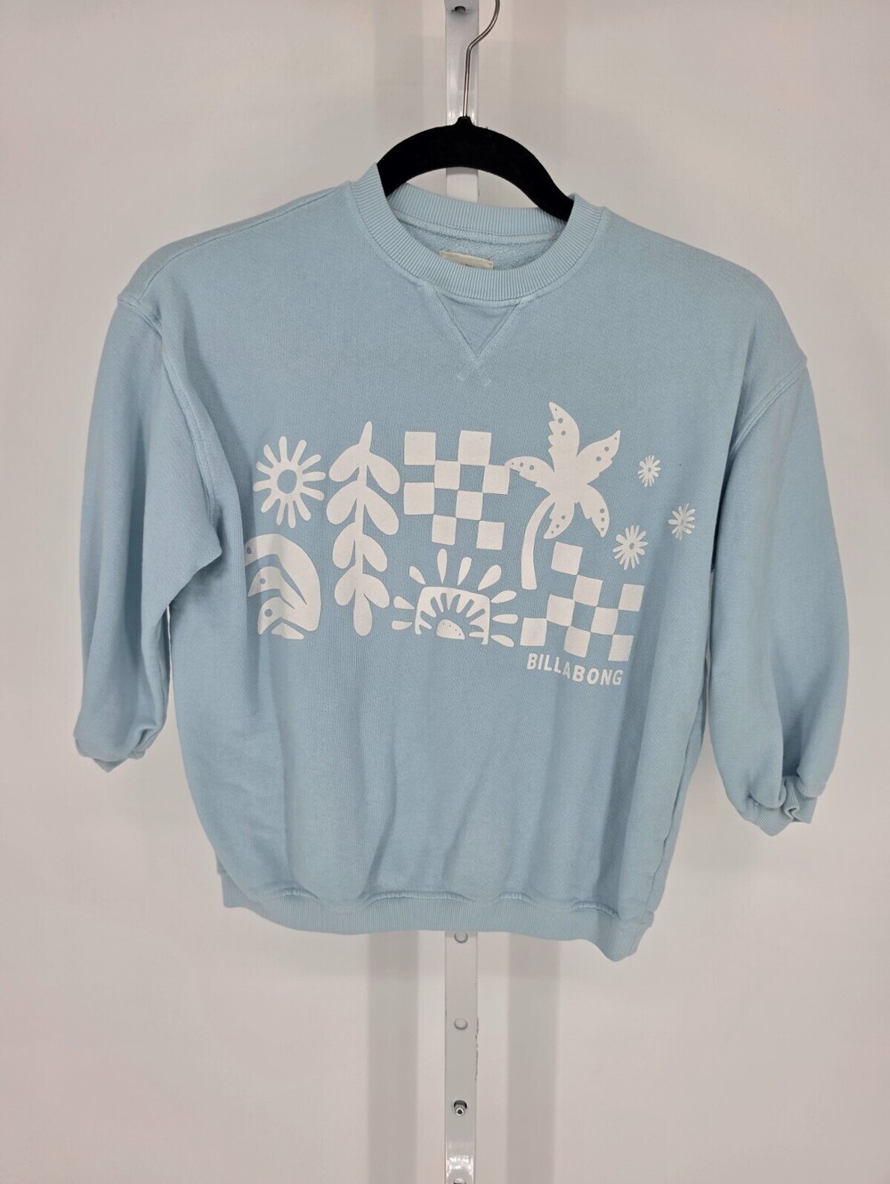 Billabong Womens Sz XS 1/2 Sleeve Cropped Crew Neck Sweatshirt Light Blue White